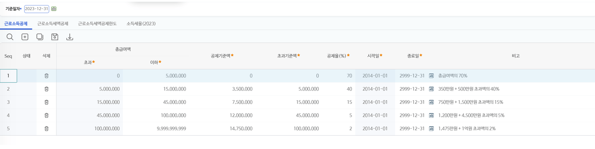 근로소득공제 탭 — 총급여액 구간별 공제기준액·초과기준액·공제율