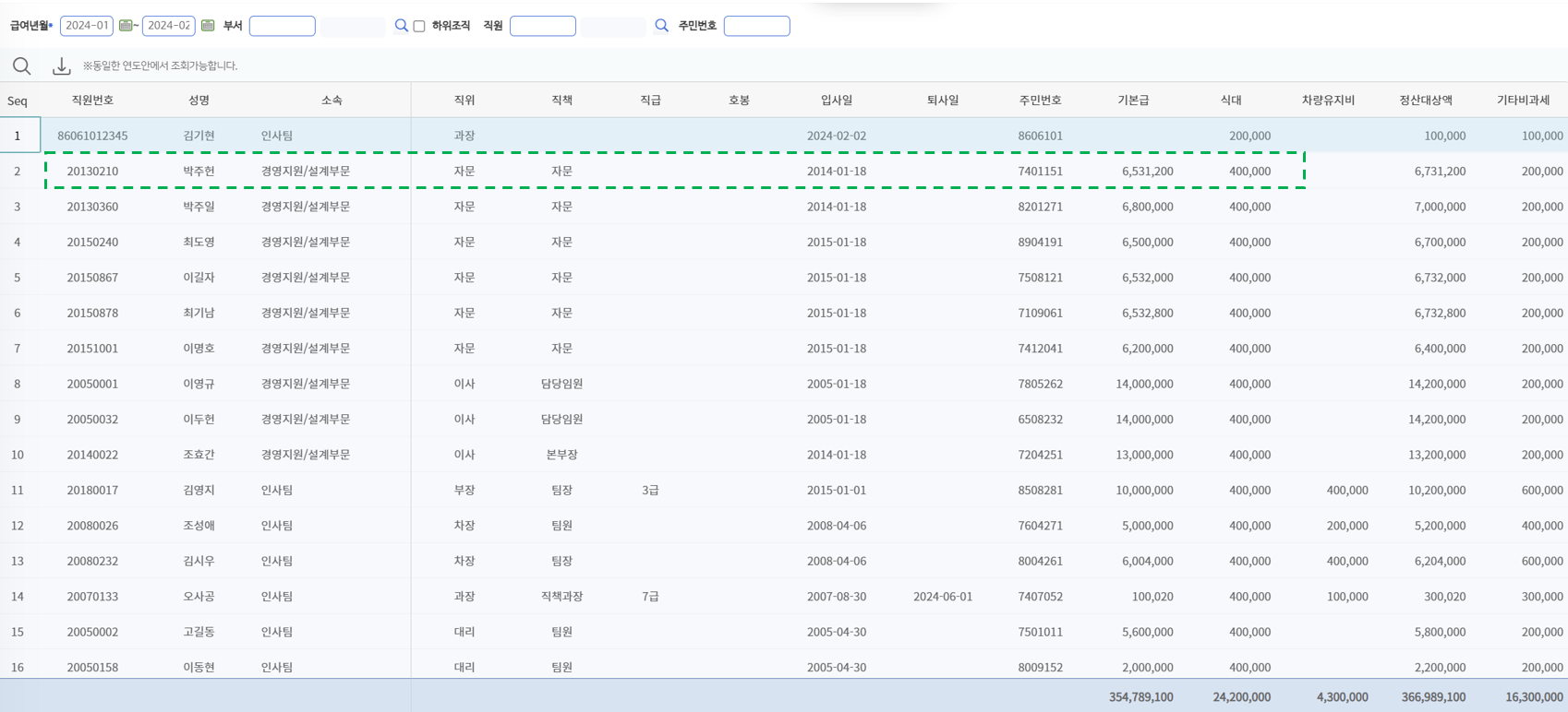 급여대장Ⅱ(기간별합계) 화면