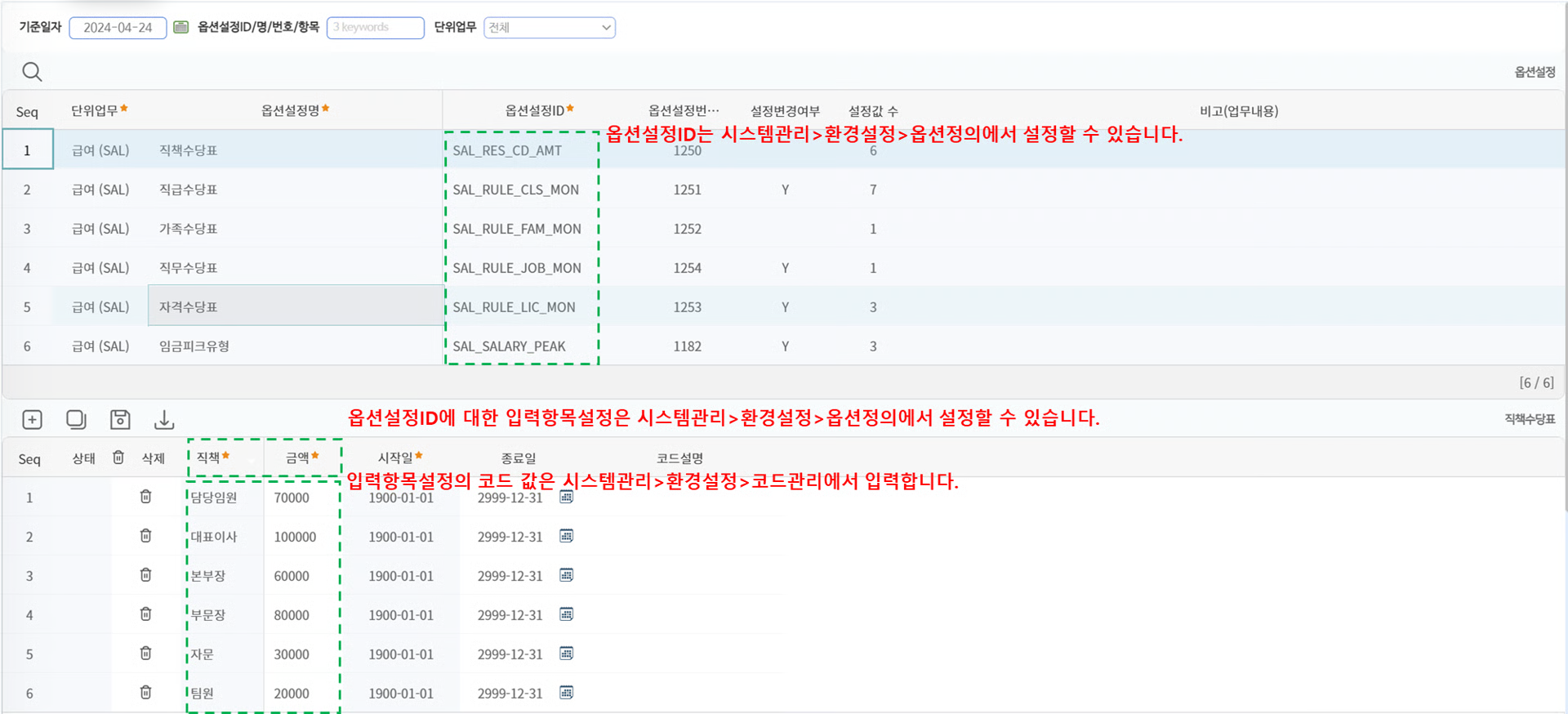 급여기준관리 — 위쪽은 수당표별 옵션설정 목록, 아래쪽은 선택한 표의 코드별 금액