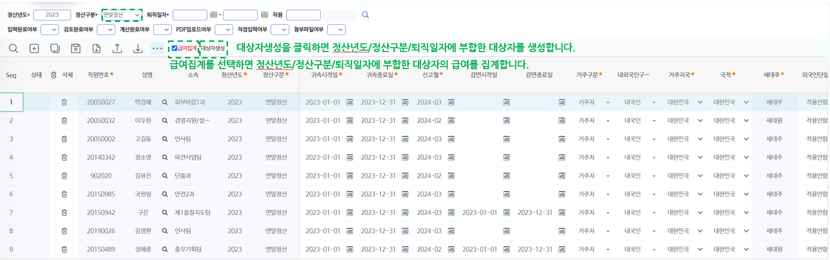 대상자 목록 항목 — 귀속 시작·종료일, 신고월, 감면 기간, 거주구분·내외국인·국적·세대주