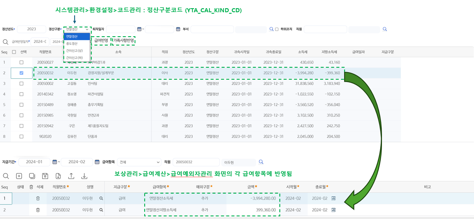 연말정산급여반영 화면
