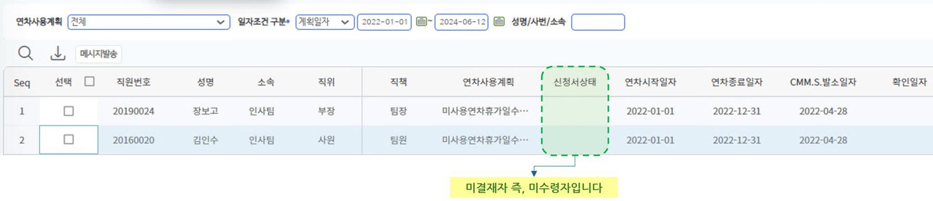 연차사용계획 모니터링 화면