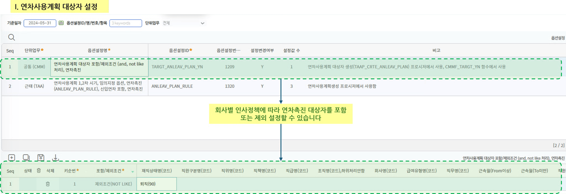 연차사용계획 대상자 설정 — 옵션 TARGT_ANLEAV_PLAN_YN에서 재직상태 등 조건으로 대상자를 포함·제외합니다