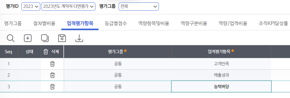 업적평가 항목 화면