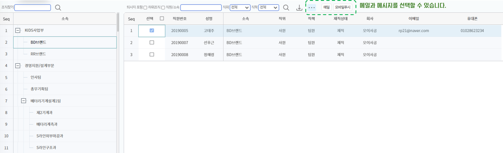 메시지일괄전송 — 왼쪽 조직 트리에서 대상을 고르고, 오른쪽 목록에서 직원을 선택해 [메일] 또는 [모바일푸시]로 보냅니다