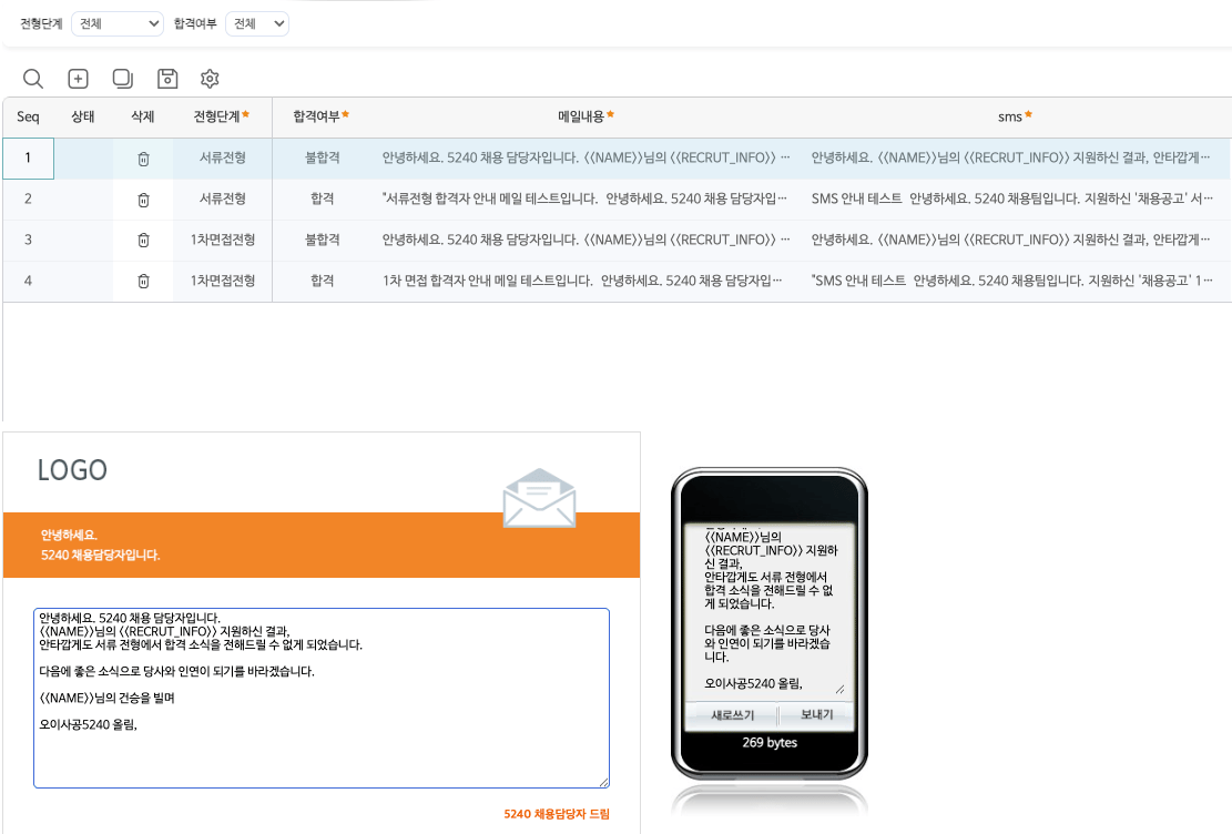 메일/SMS문구관리 화면