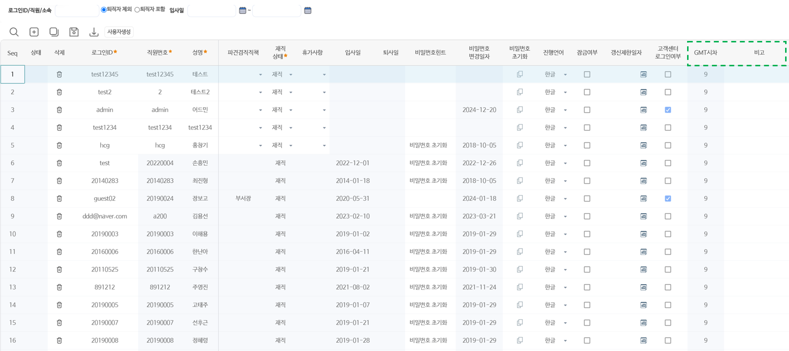 목록 오른쪽 끝 — 진행언어·잠금여부·갱신제한일자·고객센터 로그인여부와 GMT시차