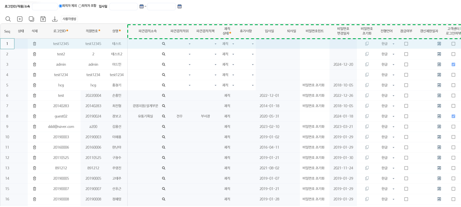 목록 가운데 — 파견겸직 정보와 재직상태·휴가사항·입퇴사일, 비밀번호힌트·변경일자·초기화