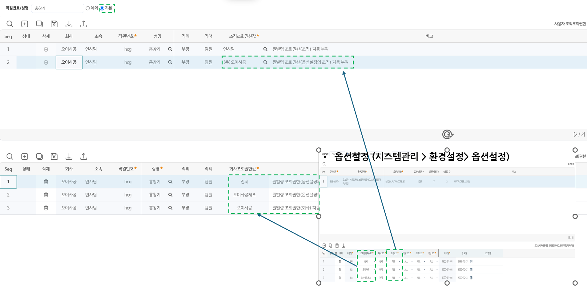 기본 조회권한 — 발령·옵션설정에 따라 자동 부여된 권한이 비고에 '자동 부여'로 표시됩니다