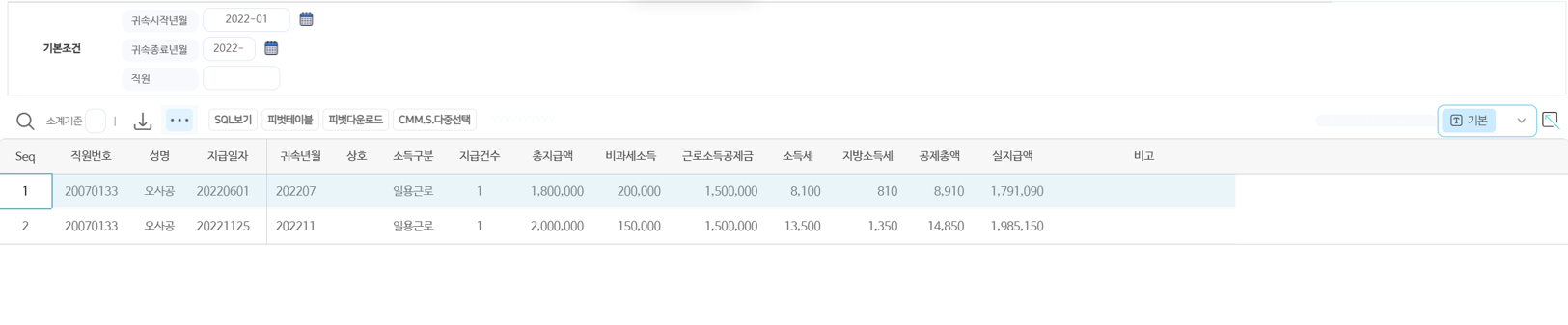 일용근로 지급내역 화면 — 기본조건(귀속 시작·종료년월, 직원)과 직원별 지급 목록