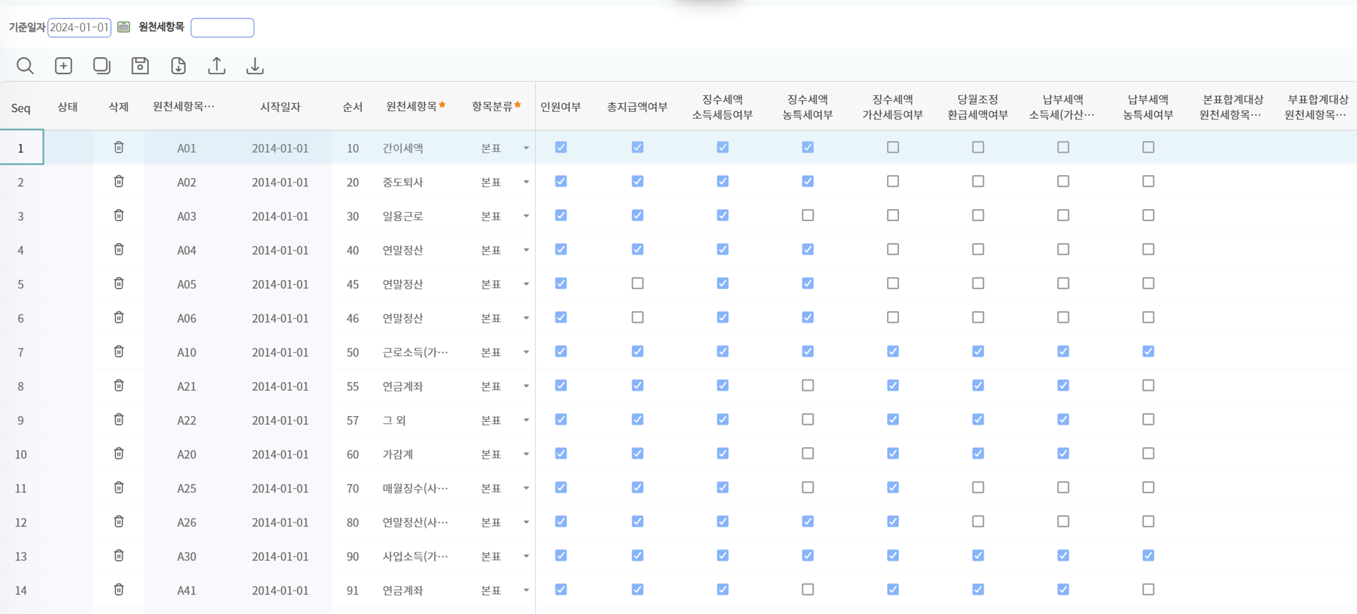 원천세 > 항목관리