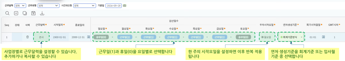 근태기준(일자/시간) 화면 — 상단 일자기준(감산일수·연차생성기준)과 하단 근무시간기준(근무시작·종료시간, 보상가중치)