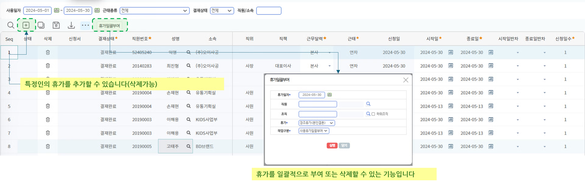 휴가내역관리 화면 — 결재상태·직원정보·근태 목록과 휴가일괄부여 팝업